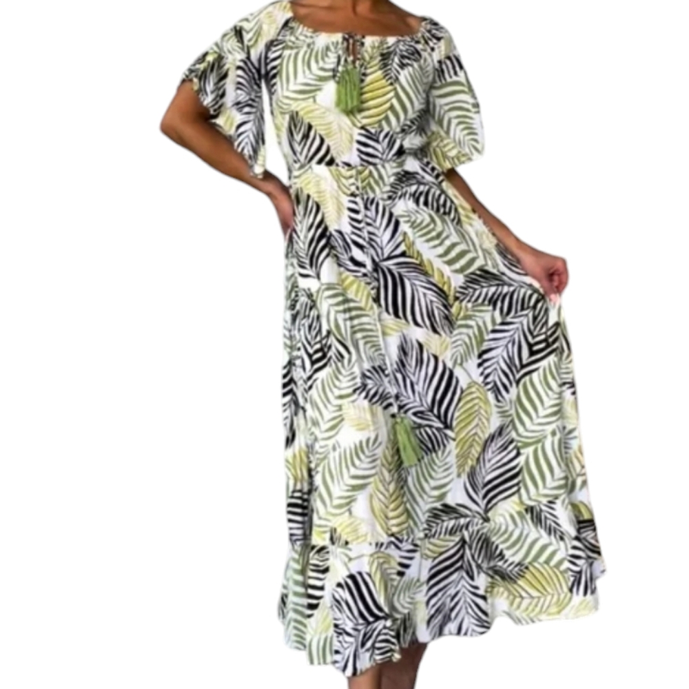 Nwot Anthropologie Label of Love Australian White,Green Leaves Ruffle Slv Maxi